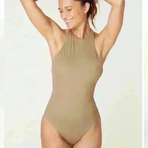 Andie Swim The Luzon One-Piece Swimsuit Olive Green/Tan Halter Neck - Picture 1 of 5